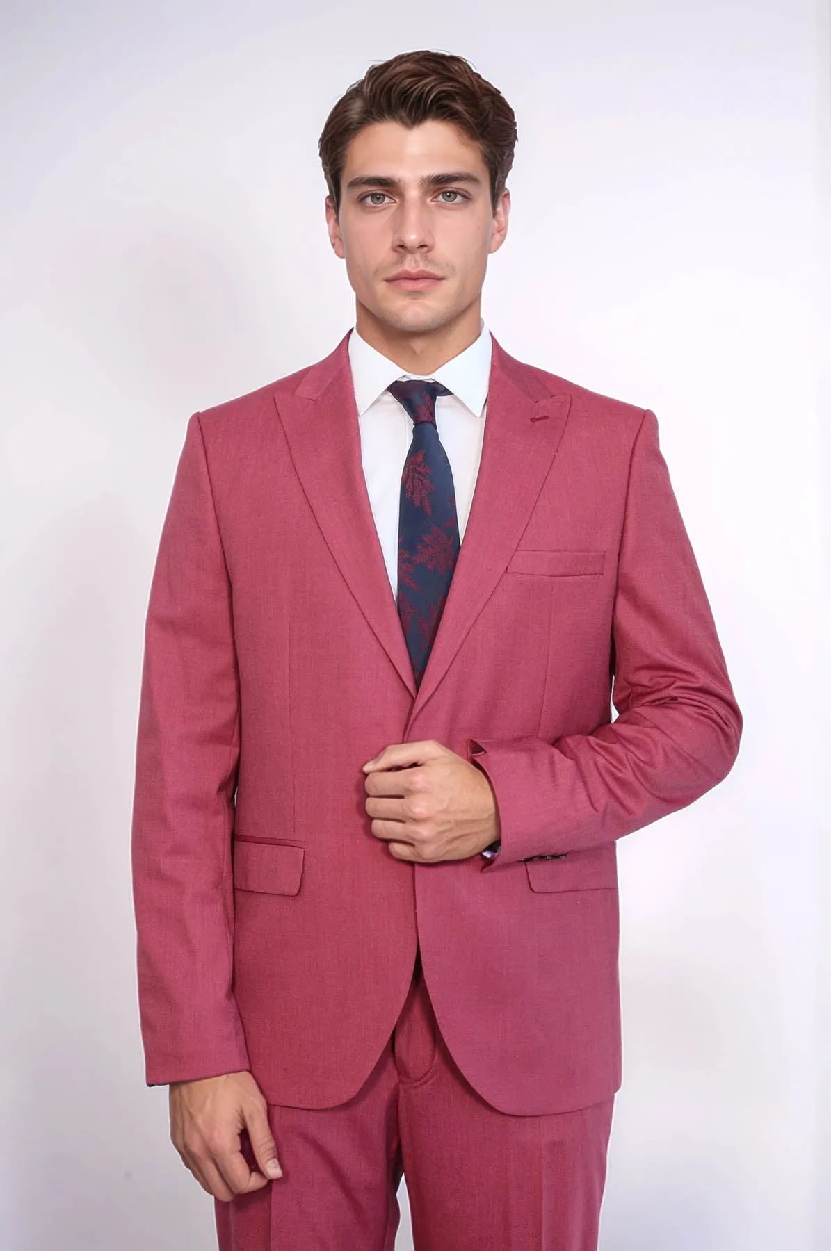 2 Piece Patterned Slim Fit Magenta Men Suit - Wessi