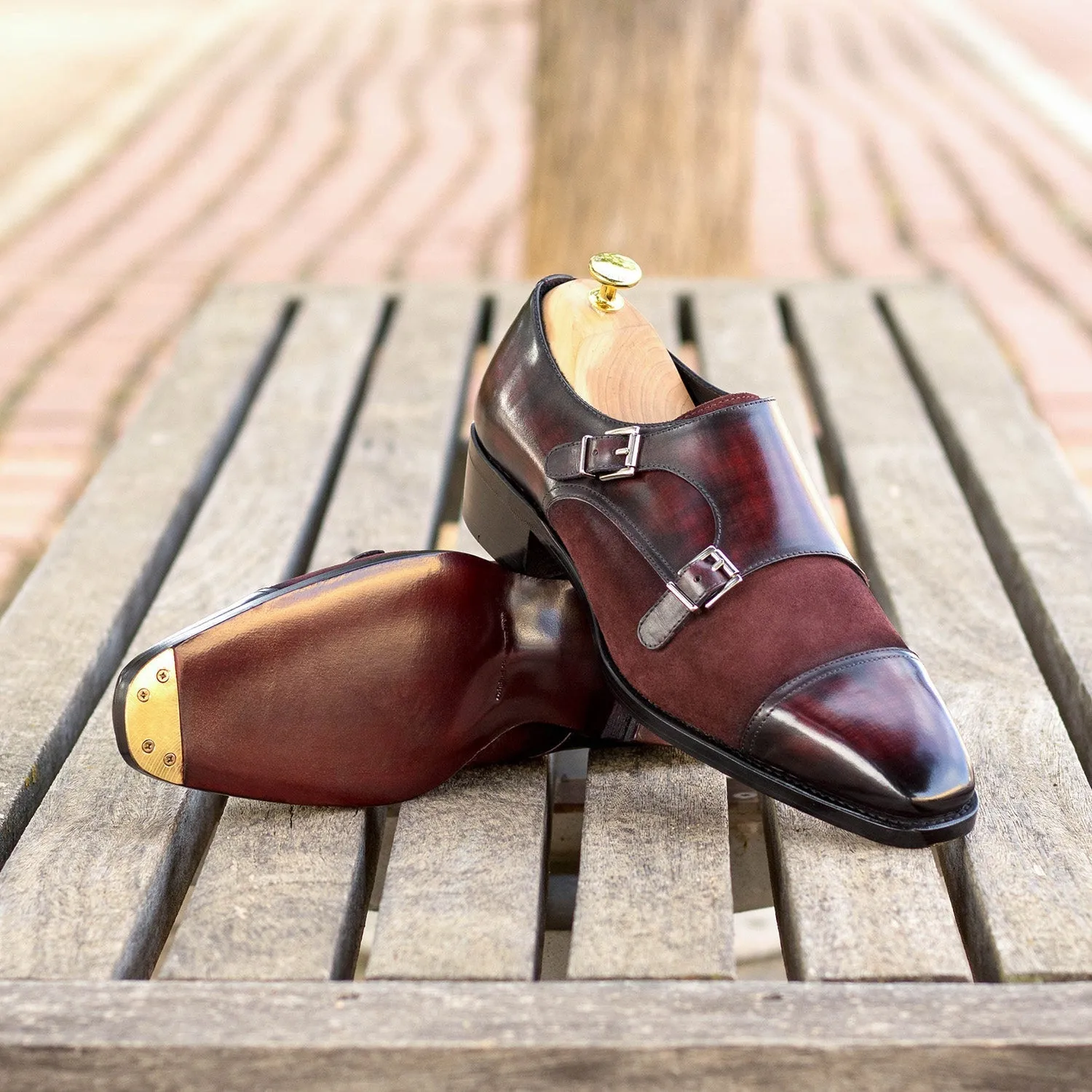 Ambrogio Bespoke Men's Shoes Burgundy Suede / Patina Leather Monk-Straps Loafers (AMB2418)