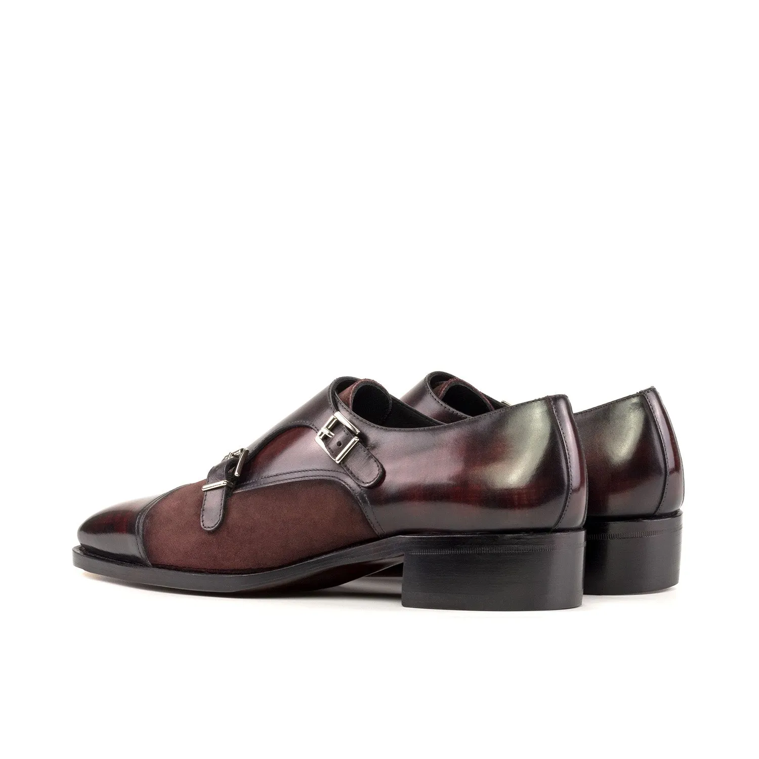 Ambrogio Bespoke Men's Shoes Burgundy Suede / Patina Leather Monk-Straps Loafers (AMB2418)