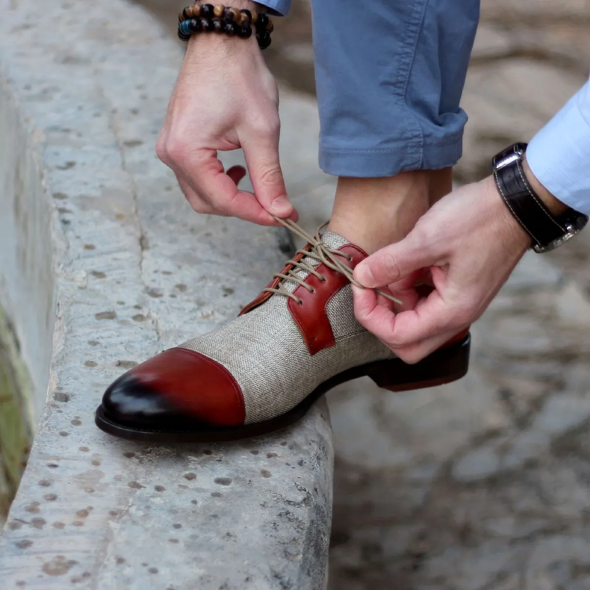 Ambrogio Men's Shoes Red & Beige Linen / Calf-Skin Leather Derby Oxfords (AMB2012-RTW)
