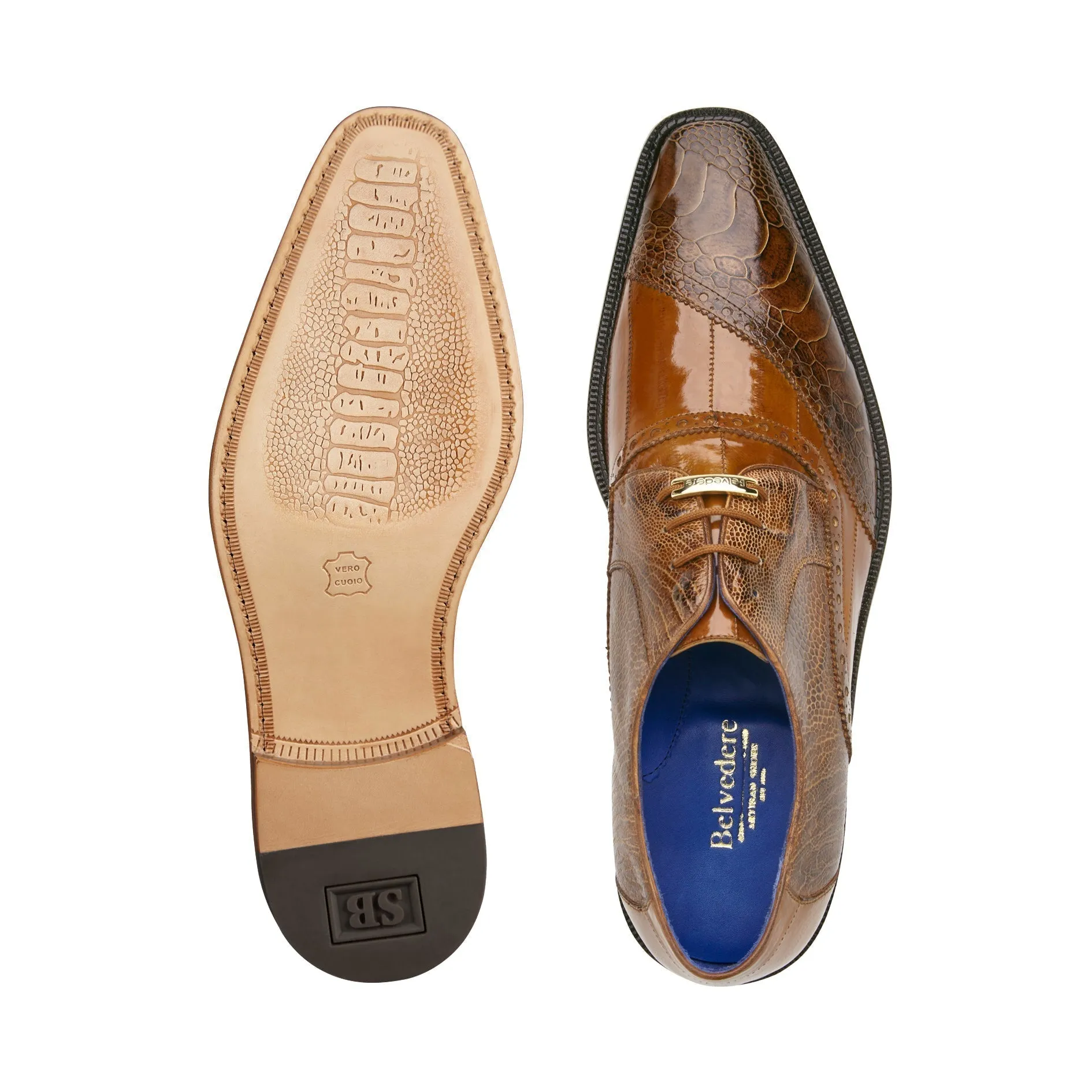 Belvedere Nino 0B4 Shoes Men's Antique Camel Eel Ostrich Split Toe Oxfords (BV1001)