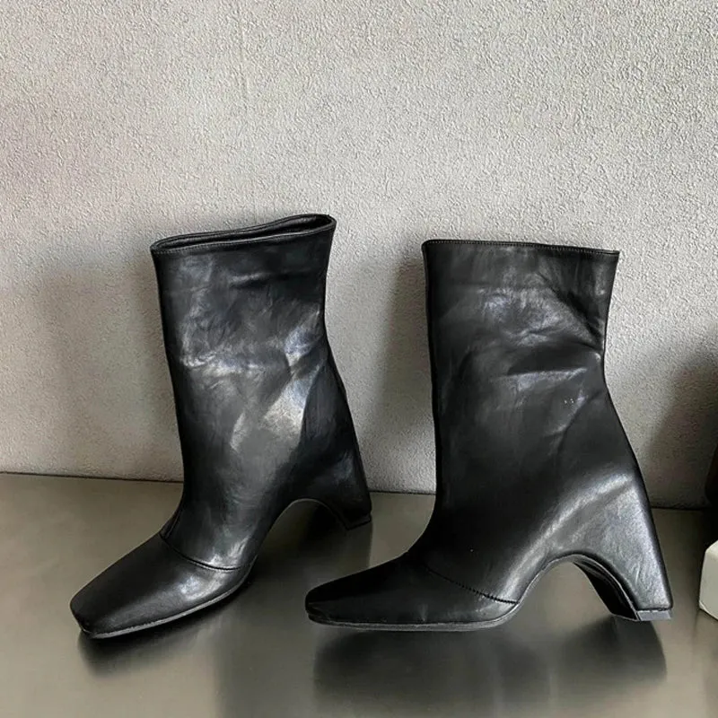 binfenxie  -  Autumn Winter Chelsea Ankle Boots Women Cozy PU Leather High Heels Fashion Square Toe Slip On Ladies Party Shoes Booties