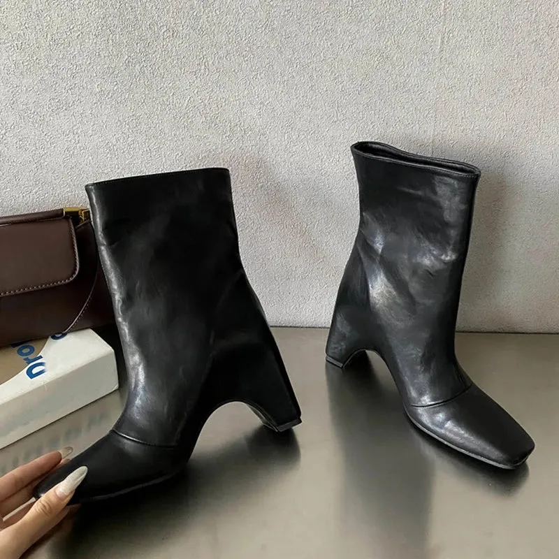 binfenxie  -  Autumn Winter Chelsea Ankle Boots Women Cozy PU Leather High Heels Fashion Square Toe Slip On Ladies Party Shoes Booties
