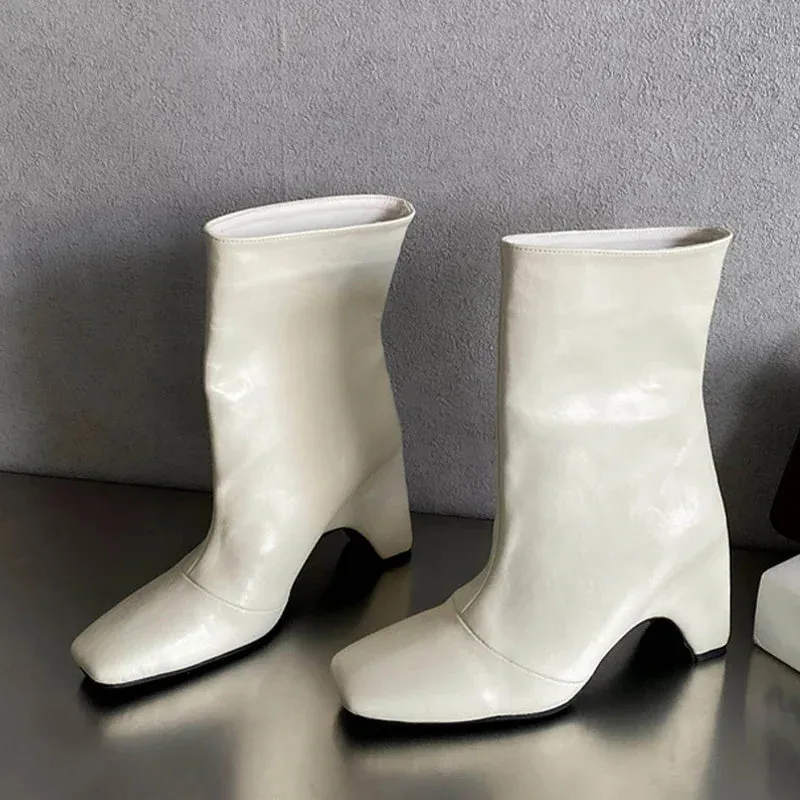 binfenxie  -  Autumn Winter Chelsea Ankle Boots Women Cozy PU Leather High Heels Fashion Square Toe Slip On Ladies Party Shoes Booties