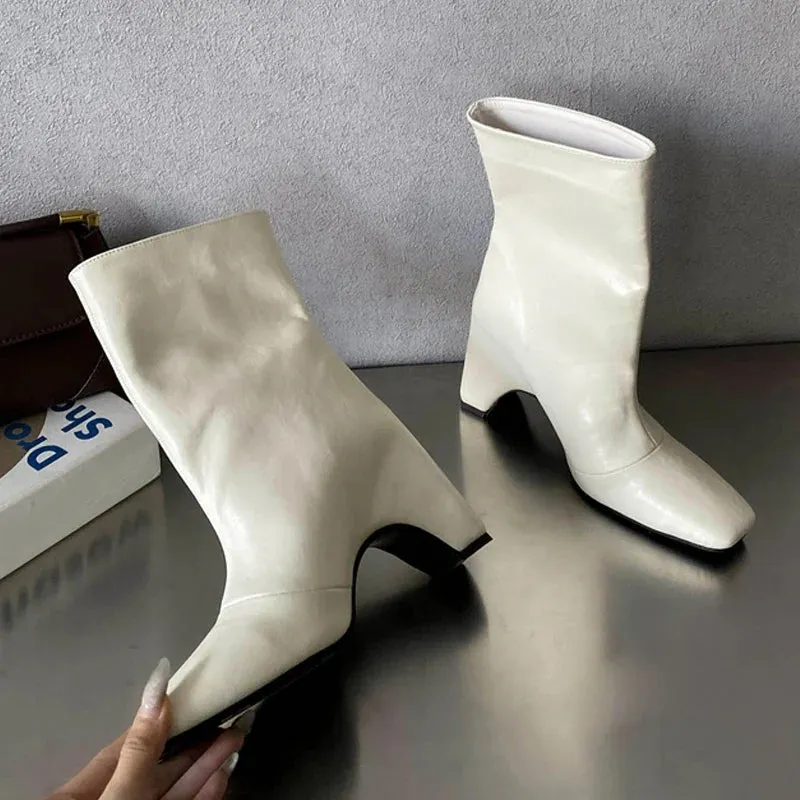 binfenxie  -  Autumn Winter Chelsea Ankle Boots Women Cozy PU Leather High Heels Fashion Square Toe Slip On Ladies Party Shoes Booties