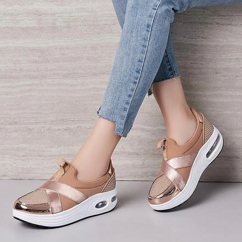 Cuzcare Women Orthopedic Rhinestones Slip-on Walking Shoes
