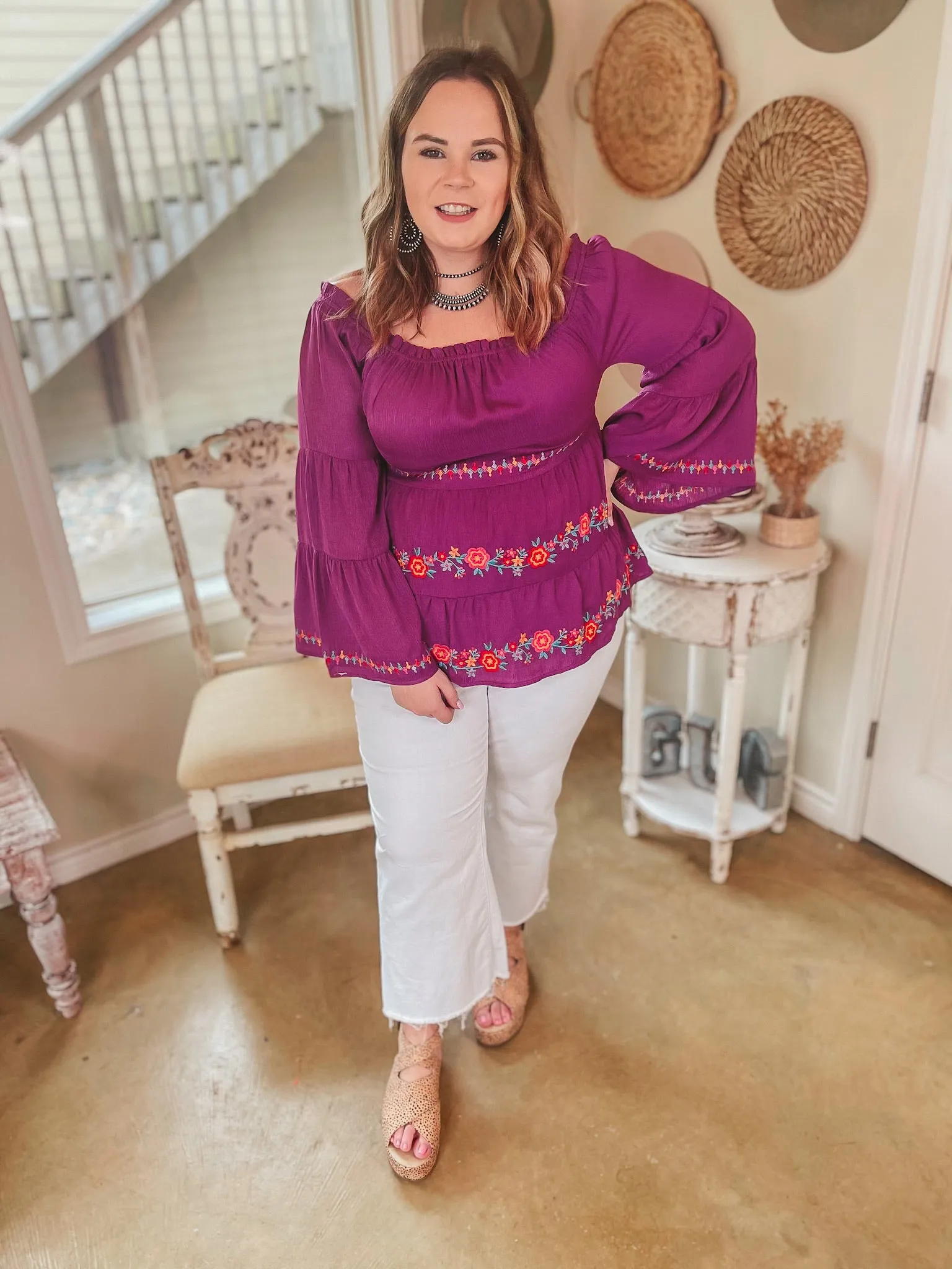 Last Chance Size Small | Your Moment Off the Shoulder Floral Embroidered Blouse in Magenta