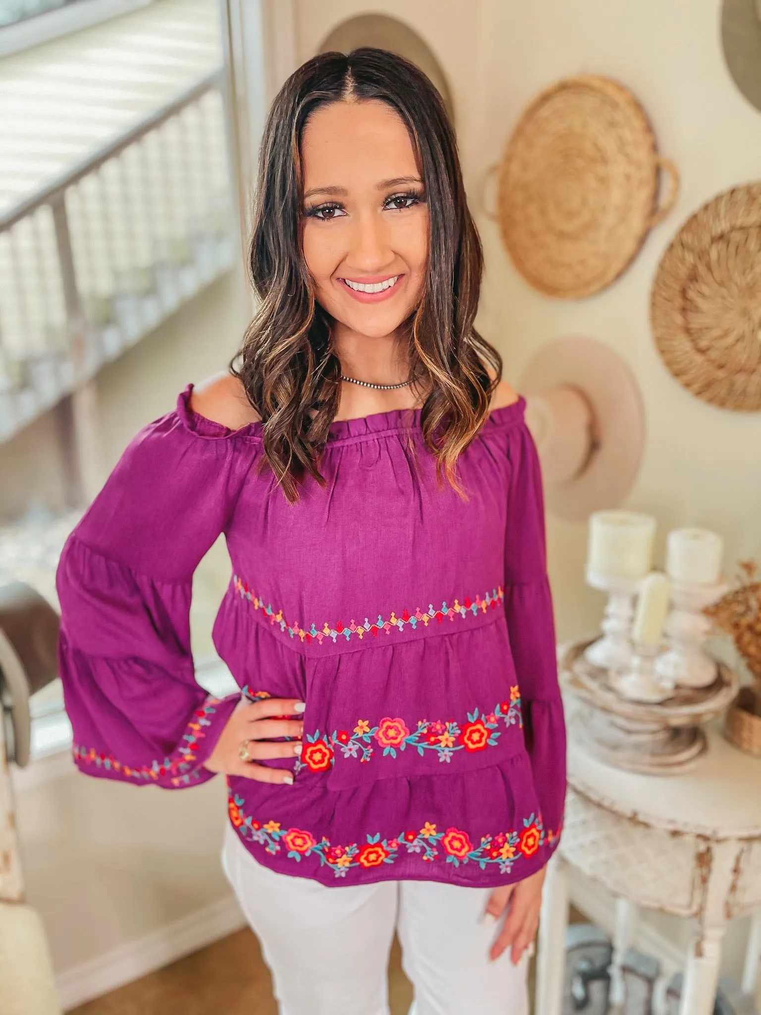Last Chance Size Small | Your Moment Off the Shoulder Floral Embroidered Blouse in Magenta