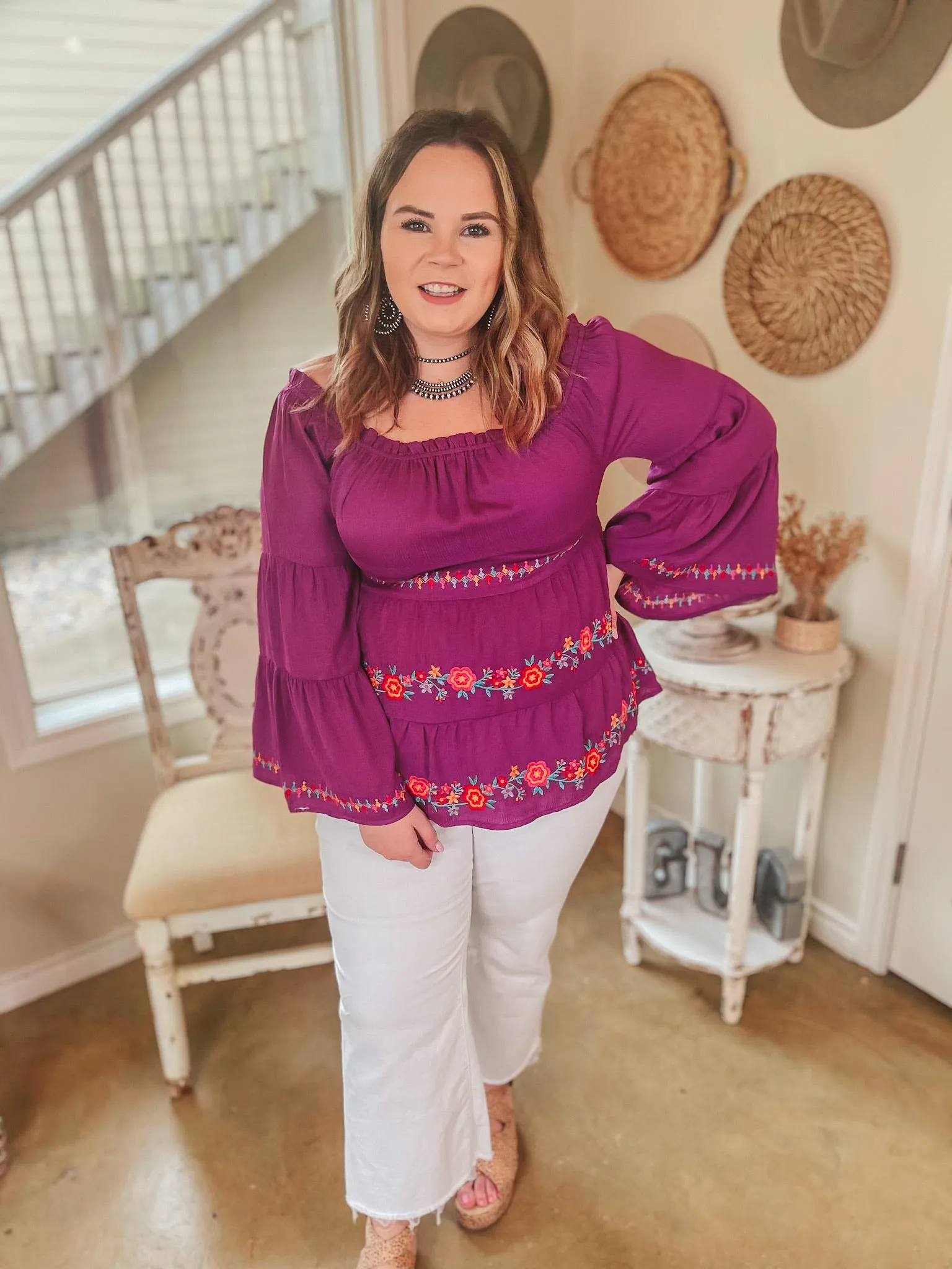Last Chance Size Small | Your Moment Off the Shoulder Floral Embroidered Blouse in Magenta