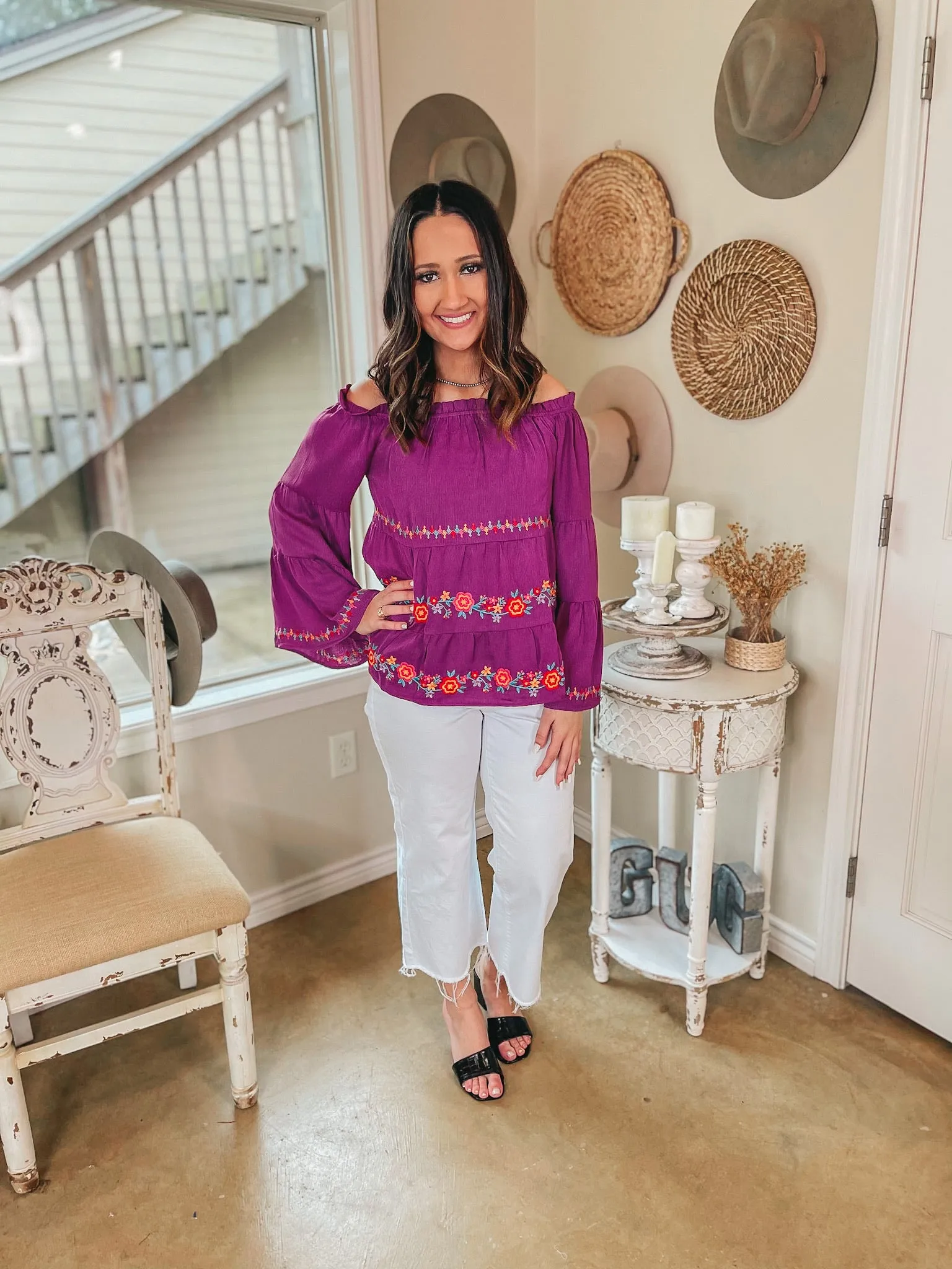 Last Chance Size Small | Your Moment Off the Shoulder Floral Embroidered Blouse in Magenta