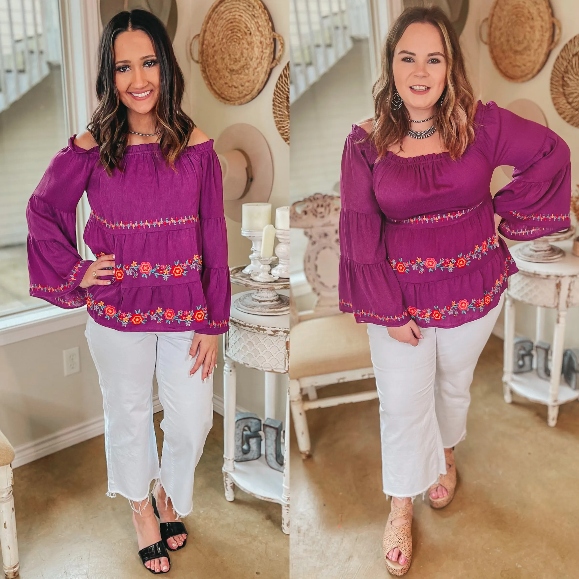 Last Chance Size Small | Your Moment Off the Shoulder Floral Embroidered Blouse in Magenta