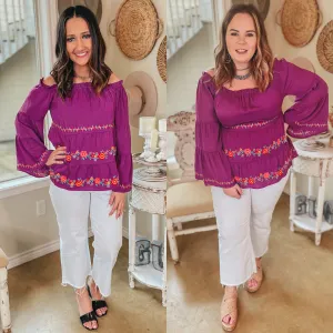 Last Chance Size Small | Your Moment Off the Shoulder Floral Embroidered Blouse in Magenta