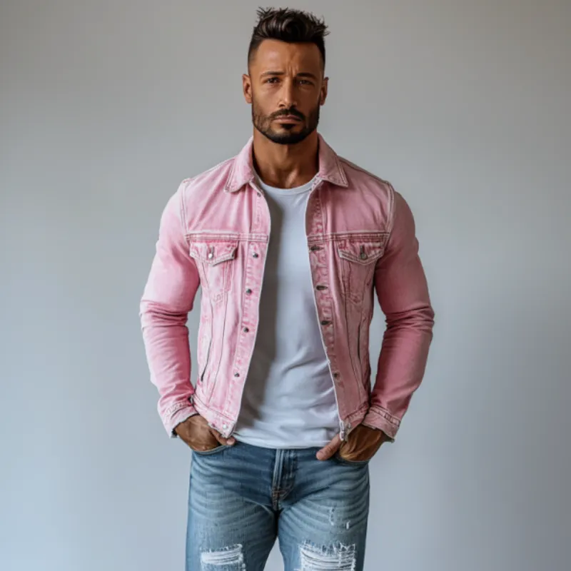 Men's Vintage Washed Lapel Multi Pocket Denim Jacket