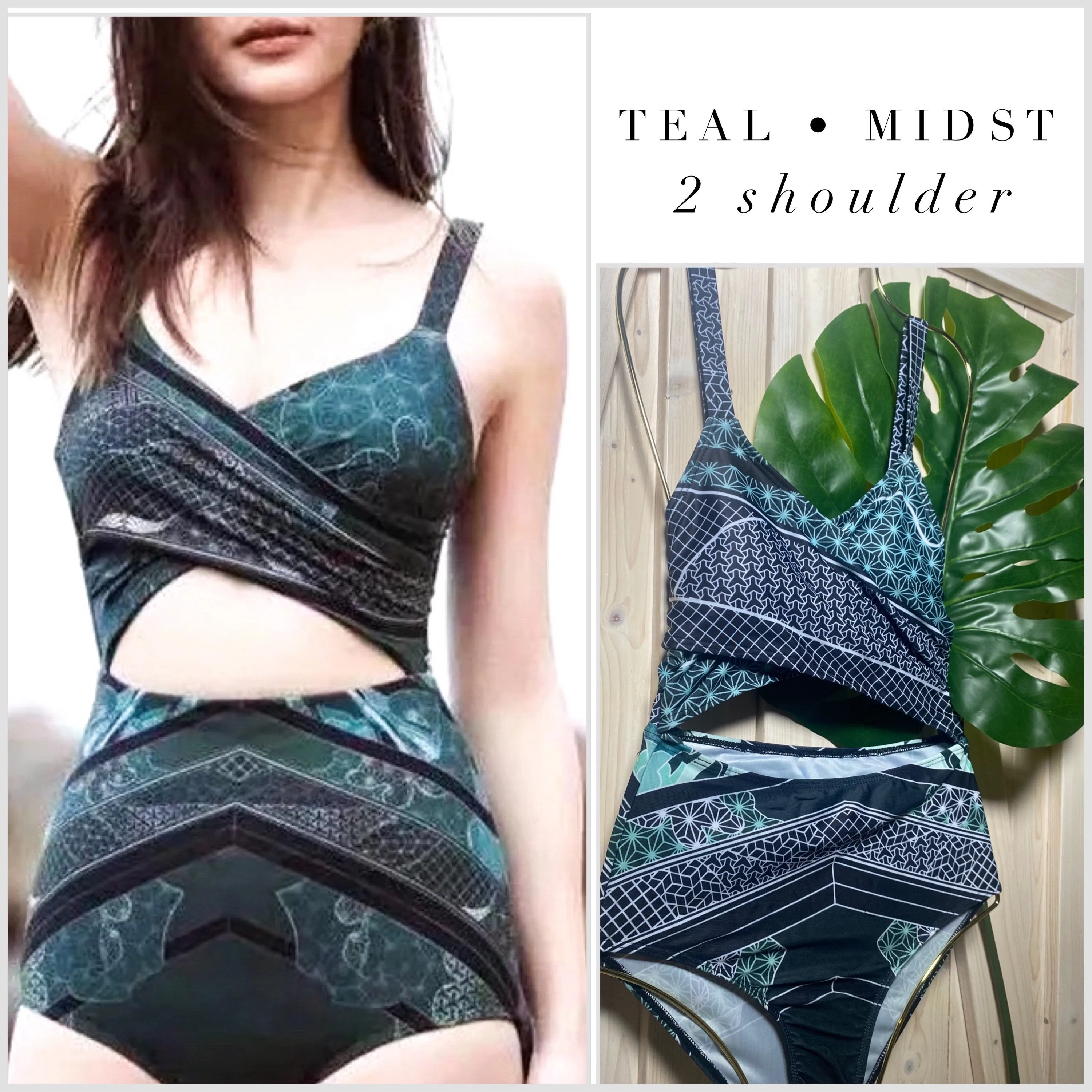 new UPF Black • Jade longsleeve swimsuit S-XL or one-shoulder one piece Emerald • Mist - sz L green gold geometrics modest edgy unique