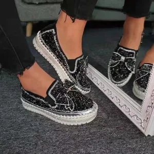 New Women's Solid Color Glitter Loafers, Sequins Decor Platform Soft Sole Walking Shoes, Low-top Bowknot Comfort Shoe Black Sz 9