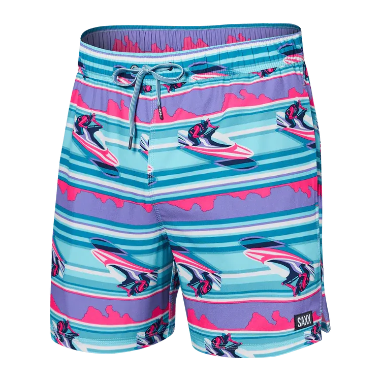 SAXX 5-Inch Oh Buoy 2N1 Volley Jetski Stripe Swim Trunks - Pool