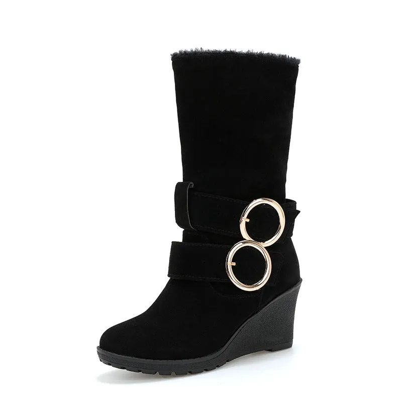 Thick plush mid calf snow boots wide calf wedge heels boots