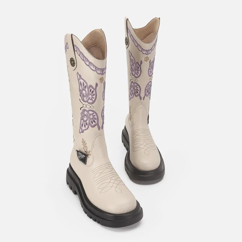 Women Boots Knee High Butterfly Embroidery Shoes