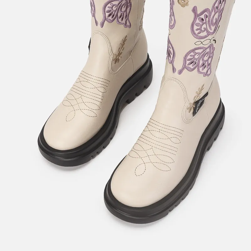 Women Boots Knee High Butterfly Embroidery Shoes