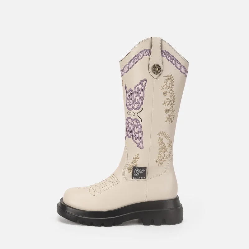 Women Boots Knee High Butterfly Embroidery Shoes