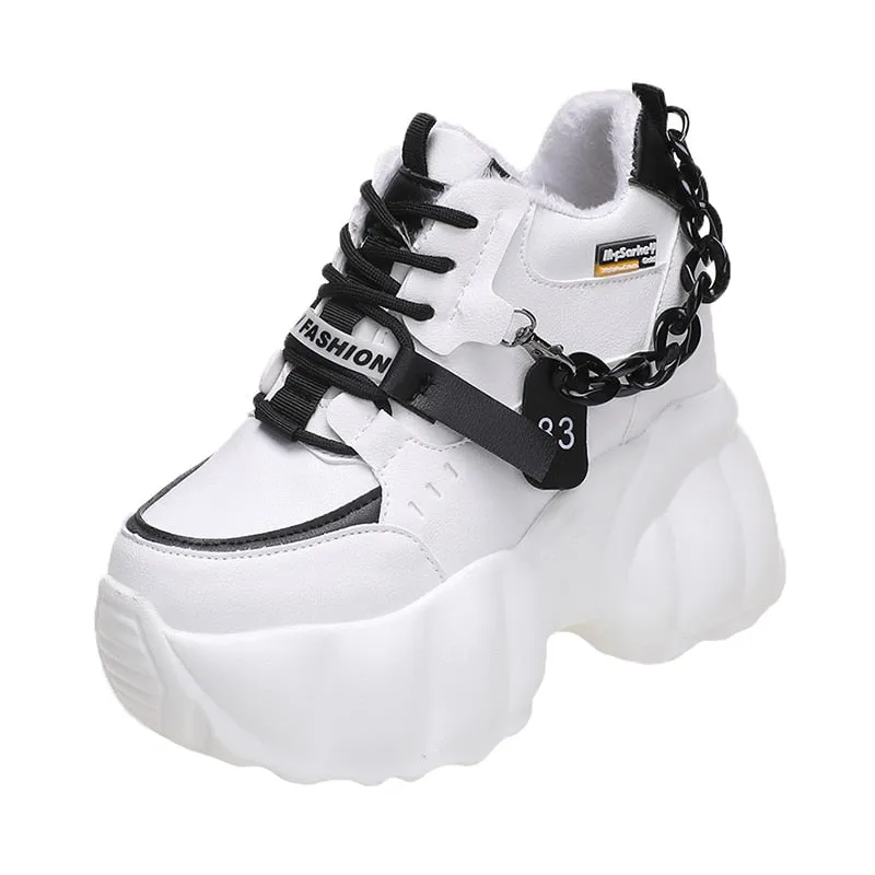 Women Warm Plush Snow Boots Winter Ladies Boots 10CM Heels Leather Chunky Sneakers With Fur High Wedge Platform Ankle Boots