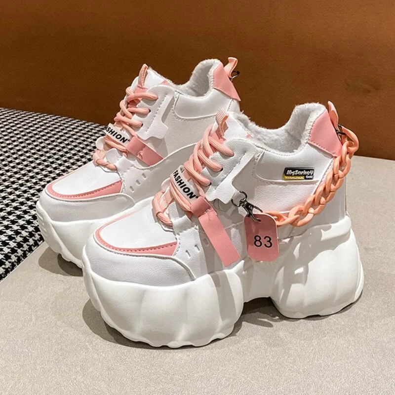 Women Warm Plush Snow Boots Winter Ladies Boots 10CM Heels Leather Chunky Sneakers With Fur High Wedge Platform Ankle Boots