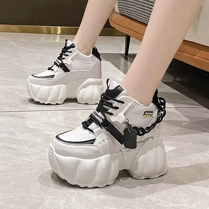 Women Warm Plush Snow Boots Winter Ladies Boots 10CM Heels Leather Chunky Sneakers With Fur High Wedge Platform Ankle Boots