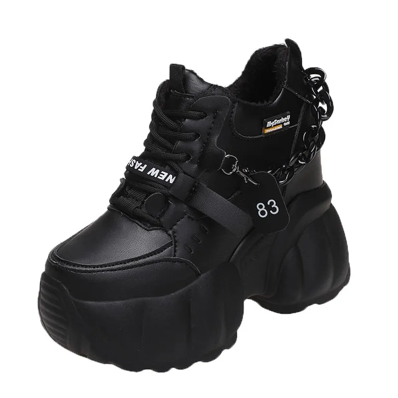 Women Warm Plush Snow Boots Winter Ladies Boots 10CM Heels Leather Chunky Sneakers With Fur High Wedge Platform Ankle Boots