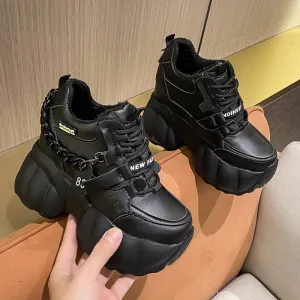Women Warm Plush Snow Boots Winter Ladies Boots 10CM Heels Leather Chunky Sneakers With Fur High Wedge Platform Ankle Boots