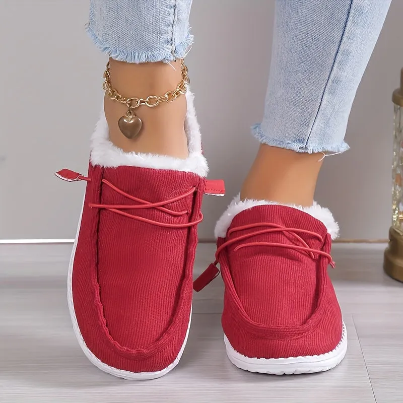 Women's Solid Color Boots, Slip On Round Toe Low-top Velvet Warm Fluffy Non-slip Soft Sole Shoes, Winter Comfy Shoes
