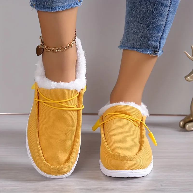 Women's Solid Color Boots, Slip On Round Toe Low-top Velvet Warm Fluffy Non-slip Soft Sole Shoes, Winter Comfy Shoes