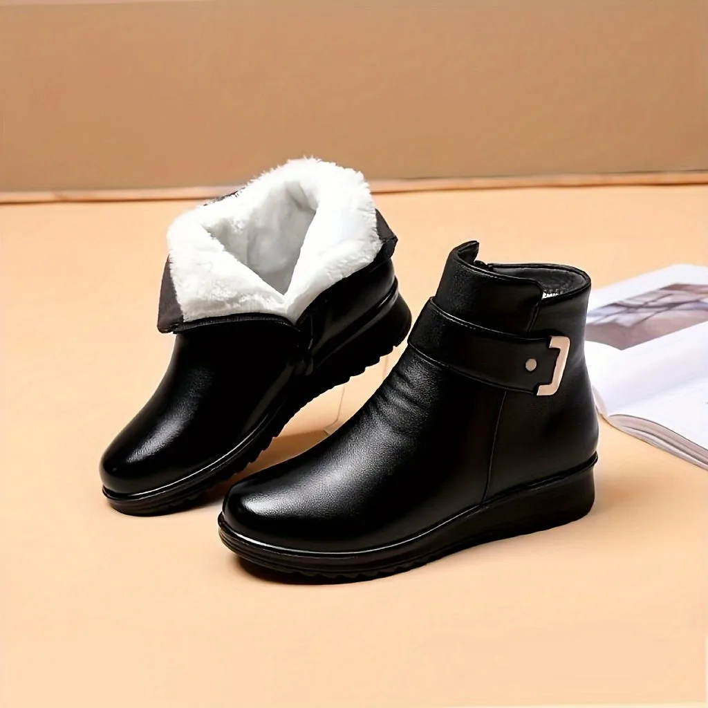 Women's Winter Plush Lined Ankle Boots, Buckle Detail Side Zipper Warm Boots, Thermal Outdoor Short Boots