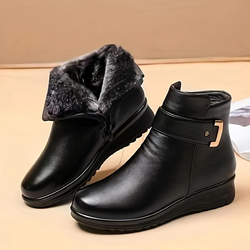 Women's Winter Plush Lined Ankle Boots, Buckle Detail Side Zipper Warm Boots, Thermal Outdoor Short Boots