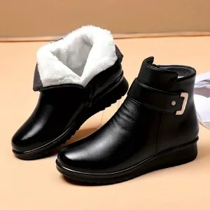 Women's Winter Plush Lined Ankle Boots, Buckle Detail Side Zipper Warm Boots, Thermal Outdoor Short Boots